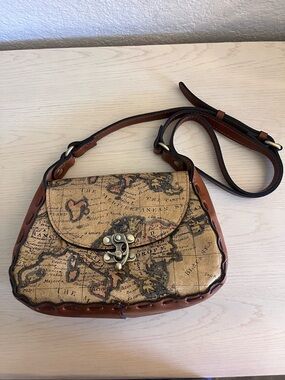 Patricia Nash Map-Print Crossbody with Brown Leather Trim